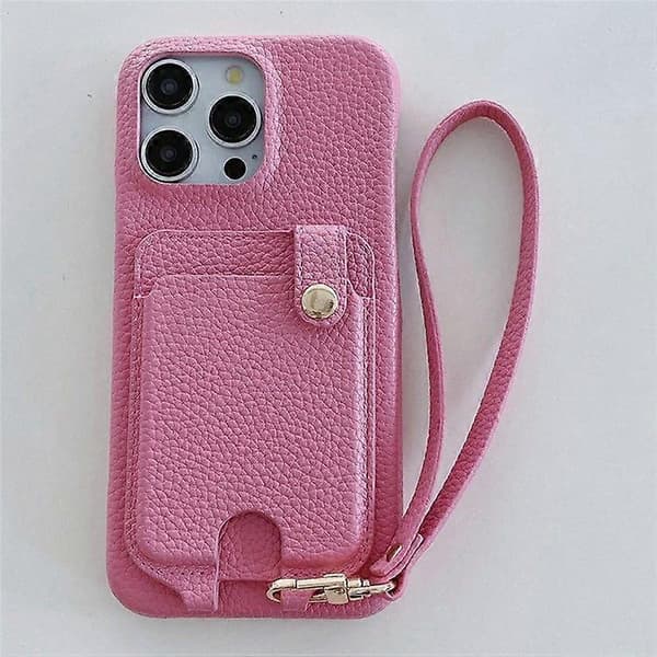 For iPhone 16 Pro Max Deksel Multifunksjonelle Kortspor Lær Bakdeksel med Håndleddsstropp Pink