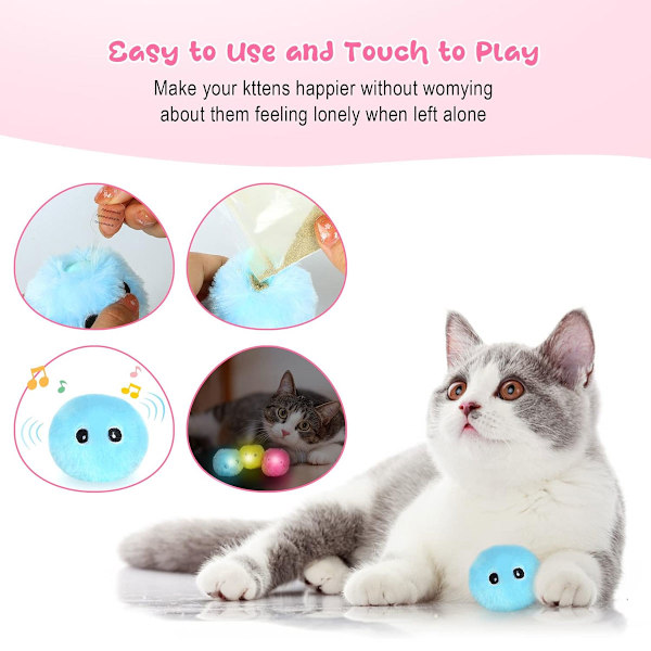 Katt leksak bollar med kattmynta, 3-pack interaktiva fluffiga katt kickers, realistiska djurljud, träningsleksaker för kattungar Pink + Blue