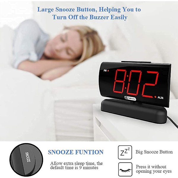 LED Digital väckarklocka med vridbar bas, röd LED-display, stora siffror för gamla, stor rund knapp, dimmerljusstyrka, justerbar volym, snooze