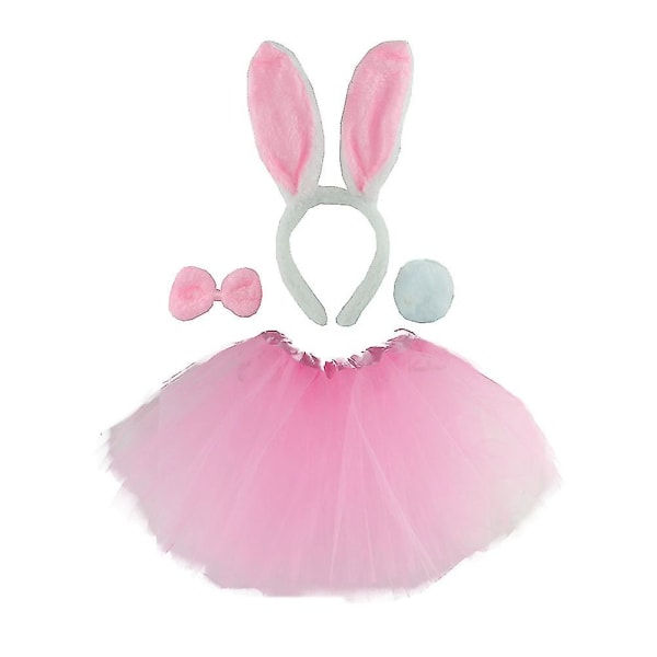 4 stk i 1 sæt Pink Kanin Design Hårsæt Børn Nederdel Kostume Outfit Mesh Kjole Børn Påskefest Bunny Beklædning Slips Hale Sæt Performance Rekvisitter Til