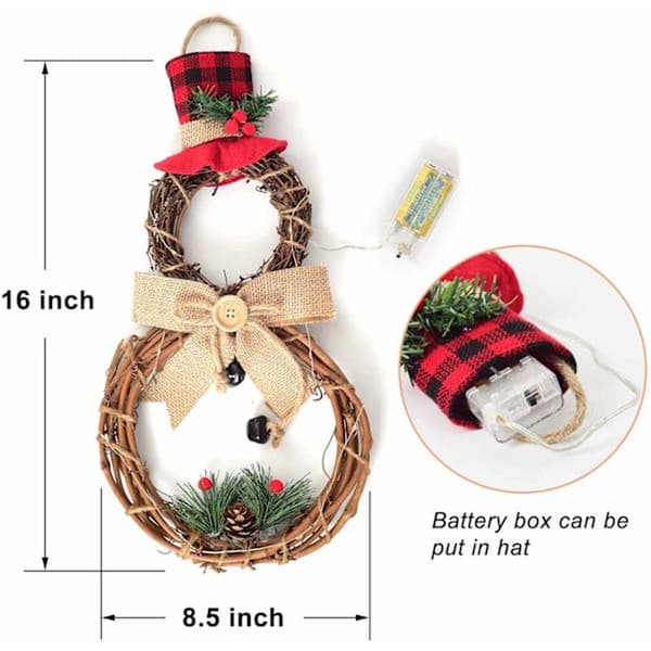 Julgran i trä med LED-belysning, snögubbe med hatt