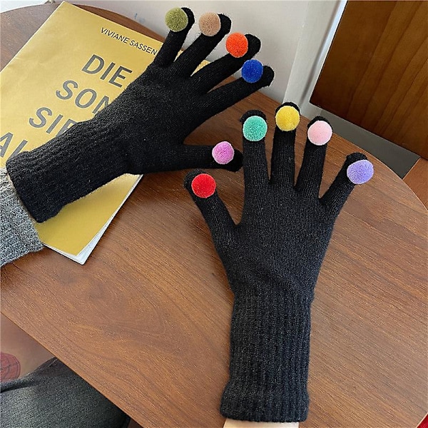 Vinter söta flicka fem fingrar cykling förtjockad varm kan vara pekskärm stickade handskar Black Average size
