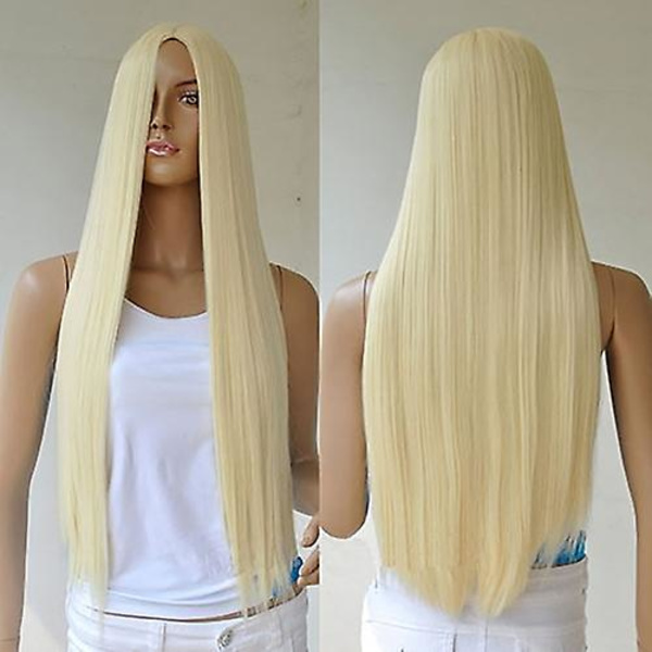 Kvinnors långa raka full peruk hår blond syntetisk ingen lugg cosplay fest Qinhai