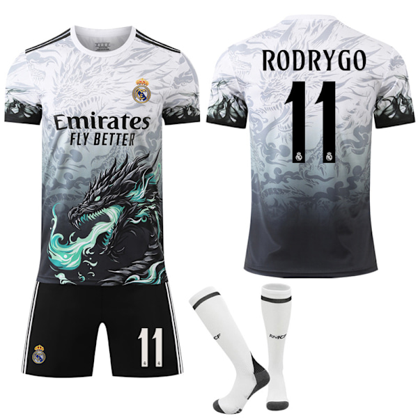 Gos- 2425 Real Madrid Blå Drake Mönster Special Minnesutgåva Svart Fotbollströja 11 RODRYGO 11 RODRYGO #M