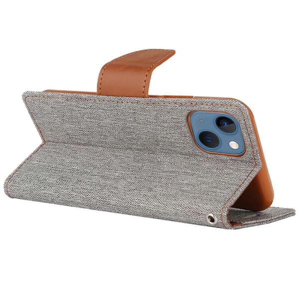 För iPhone 14 Plus GOOSPERY CANVAS DIARY Canvas Textur Flip Läder Telefonfodral Grey