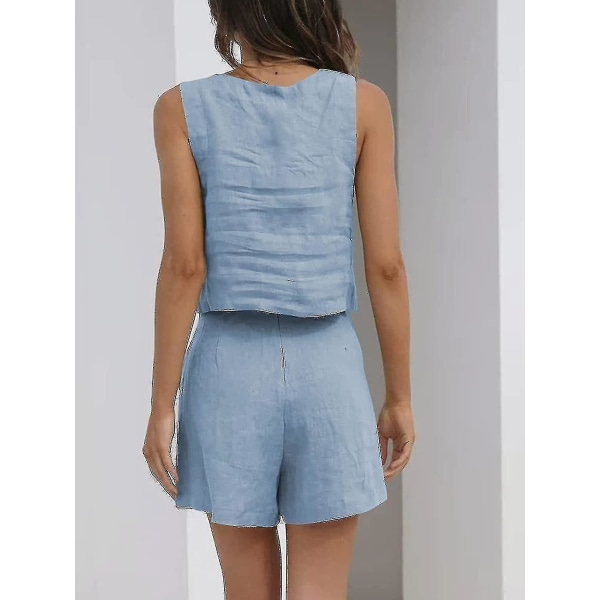 Naisten 2-osaiset asut yhteensopivat setit, pellavashortsit Crop Topit set Blue 2XL