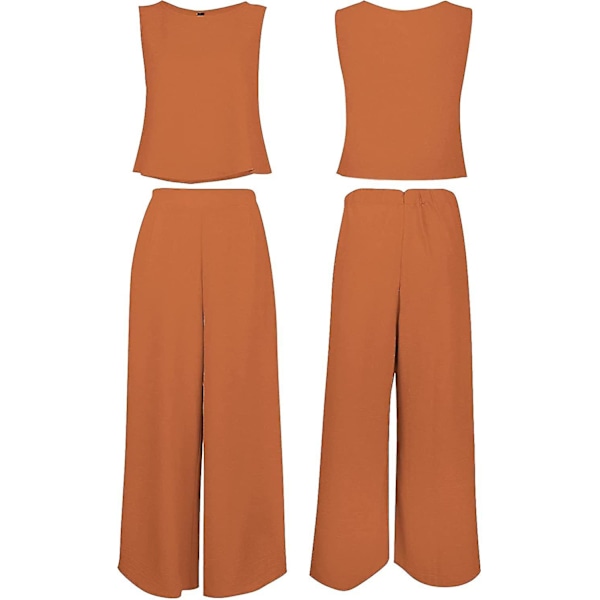 Roylamp Sommer-outfits til kvinder i 2 dele Rundhalset Crop Basic Top Beskåret Bukser med brede ben, Jumpsuits Dark Orange Small