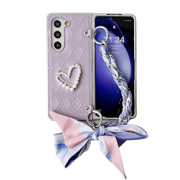 Etui til Samsung Galaxy Z Flod 6 med håndkjede, håndleddsreim, armbånd, silkeskjerf, diamantmønster, perle-hjertedesign, støtsikker telefonbeskyttende deksel purple