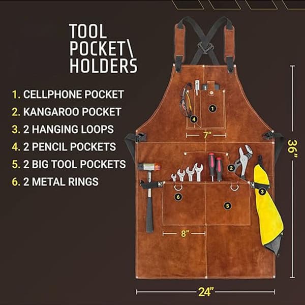 Professional Leather Welding Apron for Men with 6 Pockets. Durable Welding Apron with Flame Retardant and Blacksmith Protection.