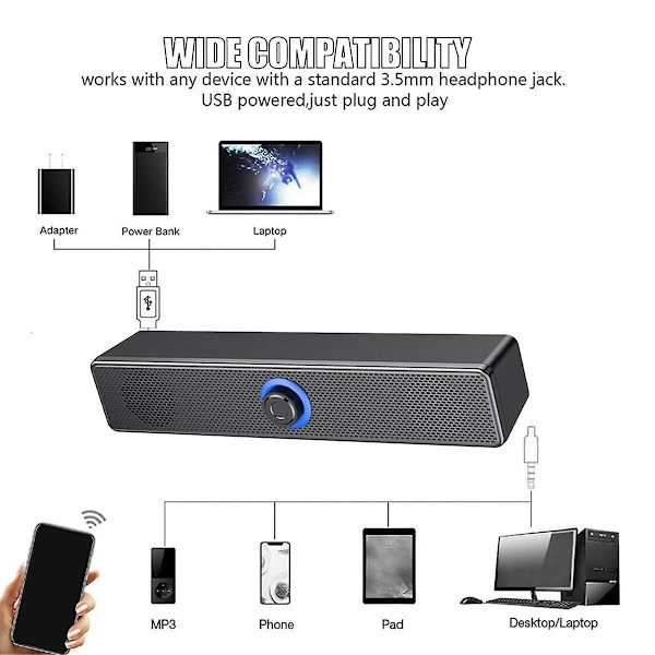 Bluetooth-computerhøjttalere med knapvolumenkontrol og 3,5 mm Aux-indgang, bærbar Soundbar-højttaler til pc bærbar Black