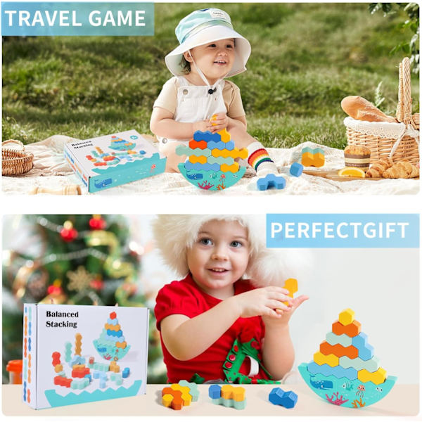 Montessori Balance Stacking Legetøj med 25 Træ Byggeklodser, Brætspil til Børn i Alderen 3, 4-8+, Balance Tower Spil til Familie, Jul