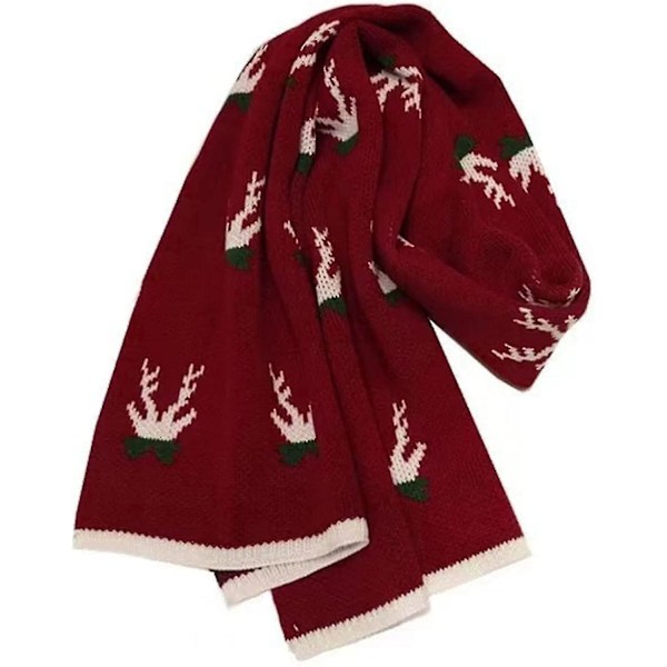 Juleelg-skjerf for kvinner, søtt julehjorte-skjerf, tykt og varmt strikket ullskjerf WINE RED