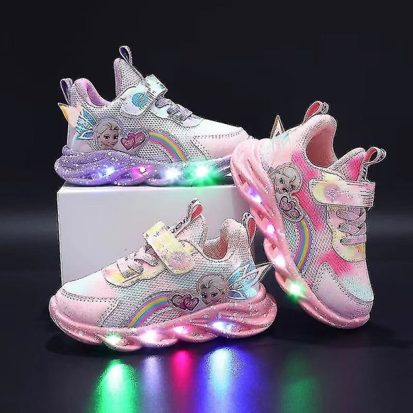 Girls Led Casual Sneakers - Elsa Princess Print - Sklisikker - Light-up - Utesko til barn Pink T 29-insole 17.8cm