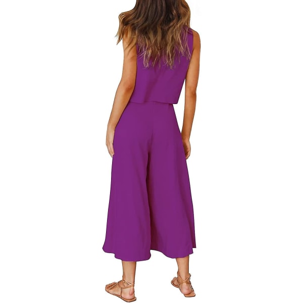 Roylamp Sommer-outfits til kvinder i 2 dele Rundhalset Crop Basic Top Beskåret Bukser med brede ben, Jumpsuits Purple Small