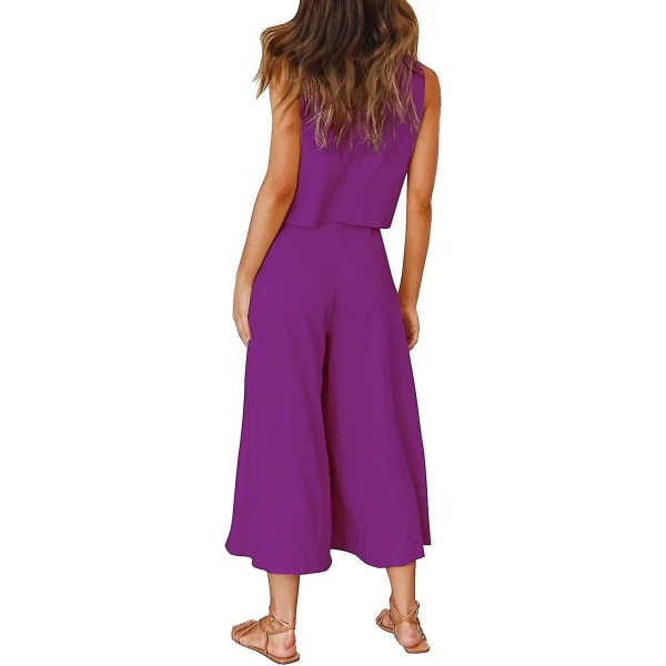 Roylamp Sommer-outfits til kvinder i 2 dele Rundhalset Crop Basic Top Beskåret Bukser med brede ben, Jumpsuits Purple X-Small
