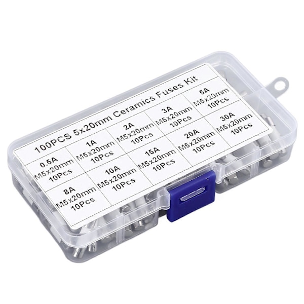 100 stk. sæt rør sikring 5x20mm Multifunktionel Keramisk Rør Sikringer Sortimentssæt 250V 0.5A til 30A