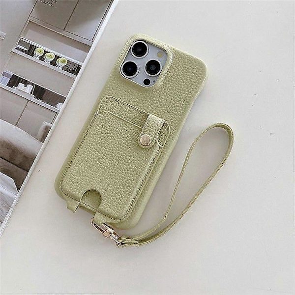 Fodral för iPhone 16 Pro Max, multifunktionella kortfack, läderbaksida med handledsrem Green