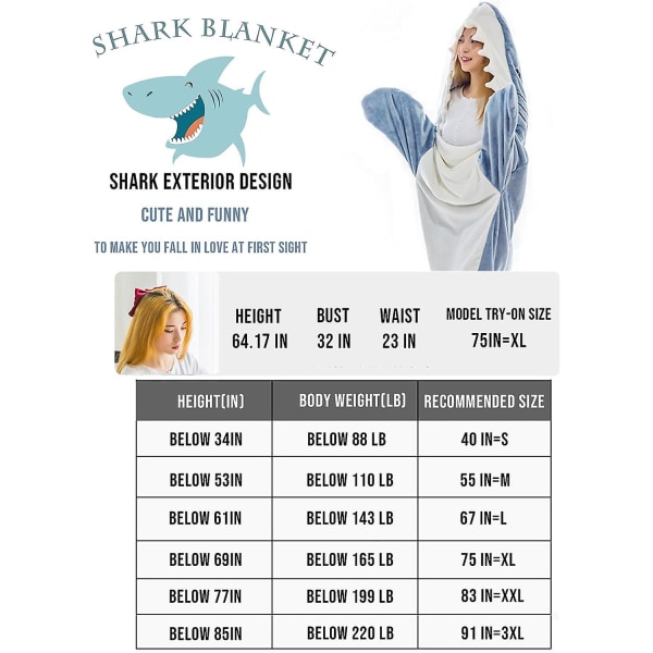 Shark Blanket Hoodie - 2023 New Shark Blanket Voksen Kvinder/børn,Shark Blanket Hoodie Sovepose,super Blød Hyggelig Flanell Hoodie 75in-190cm