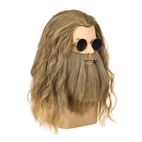 Peruk med skägg, lång lockig askblond peruk för män, halloweenkostymperuker