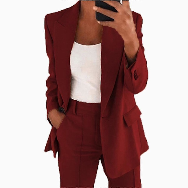 Naisten 2-osainen asu, Blazer-setti, Elegantti Liike- ja Työasu, Vintage Klassikko, Yksivärinen, Ryppyinen Hiha, Auki Edestä, Puku Takki ja Suorat Housut 3XL Wine Red