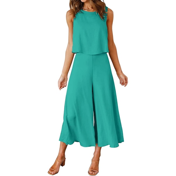 Roylamp Sommer-outfits til kvinder i 2 dele Rundhalset Crop Basic Top Beskåret Bukser med brede ben, Jumpsuits Peafowl Green Medium