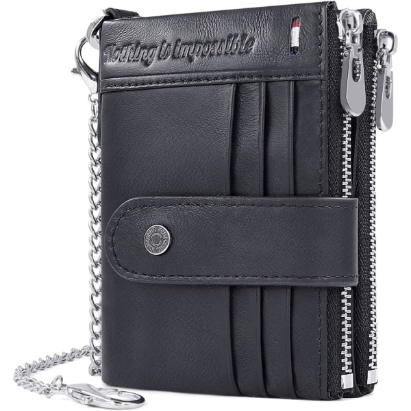 Miesten aidosta nahasta valmistettu RFID-estolompakko ketjulla, bifold lompakko miehille 19 luottokortti- ja vetoketjullinen lompakko, lahjarasia, musta Black