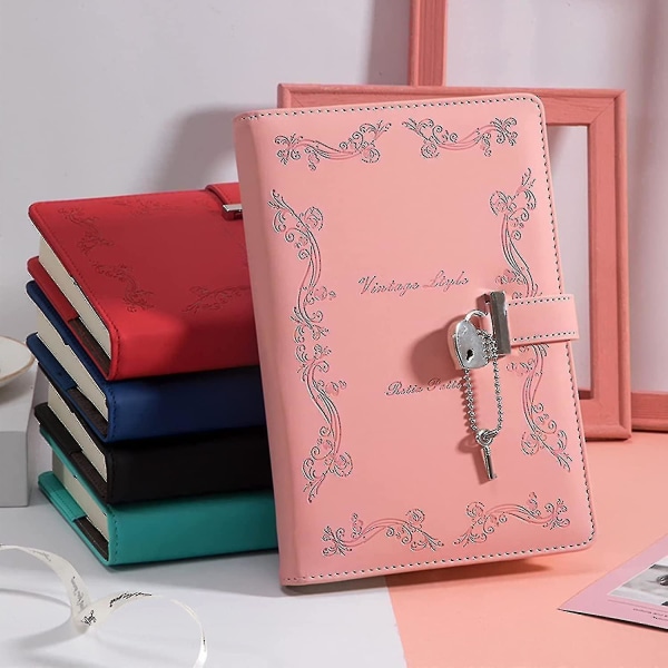 Dagbok med lås og nøkkel for jenter Tykke 360 ​​sider lær hjerteformet låsejournal Søt låst hemmelig dagbok Notatbok for kvinner Voksne A5 (rosa)