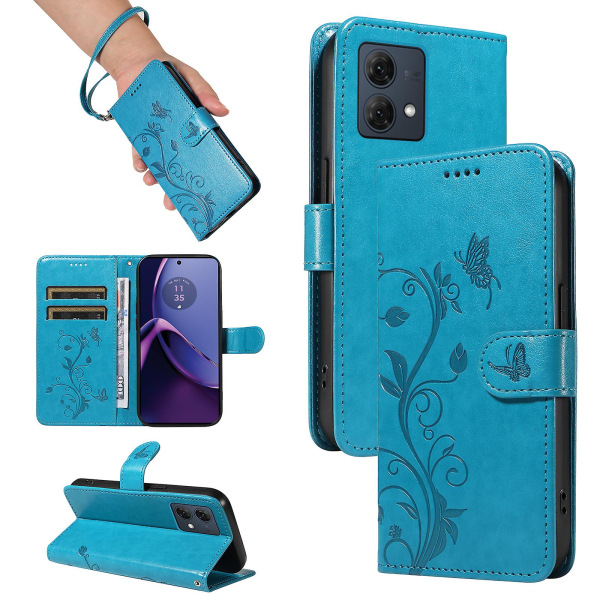 For Motorola Moto G84 5G skinntelefonveske med aprikosblomstmønster Blue