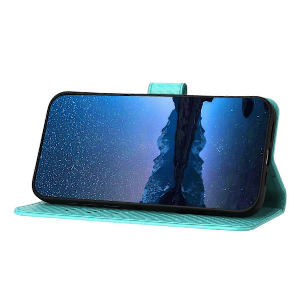 Plånboksfodral för iPhone 16 Plus med rem, kolfibertextur läder mobilskal Light Blue