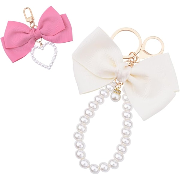 Pearl Bow Keychain Wistlet for Girls Women Bow Pearl Keychains Pink Black Beige