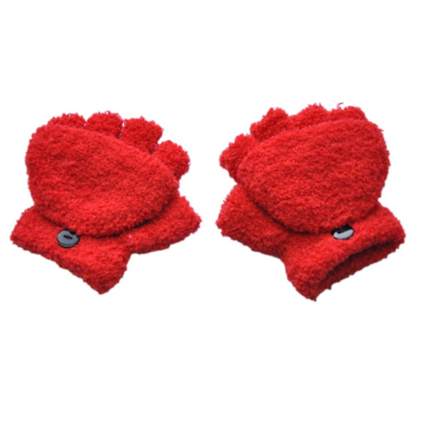 Korallfleecehandskar Plysch Fingerlösa Vantar Med Flip Top Barn Stickade Handskar Red