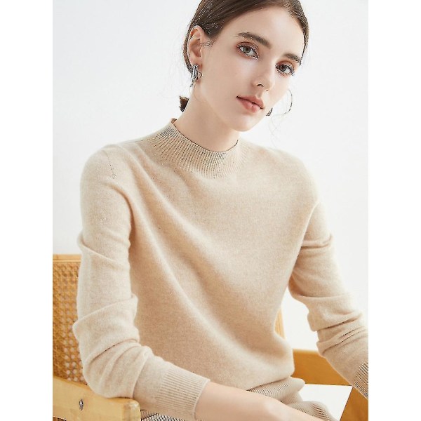 Cashmere sweater til kvinder 100% Cashmere letvægts langærmet strikket sweater med rund hals Raw velvet rice L
