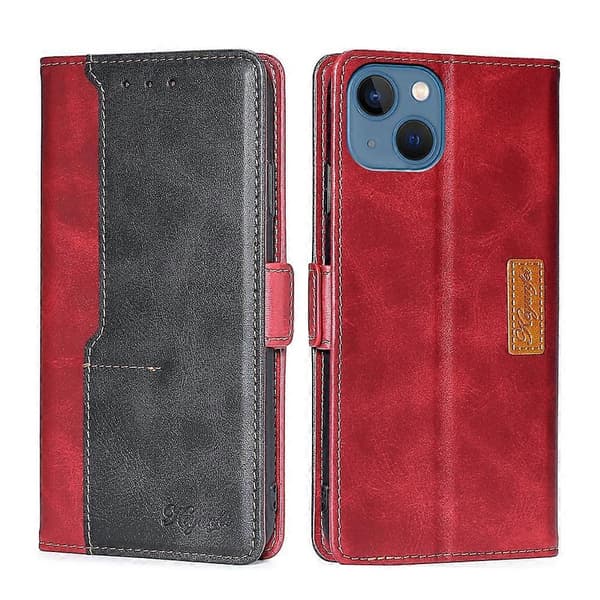 Kontrastfärgad Sidospänne Läder Telefonfodral För iPhone 14 Red and Black