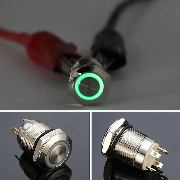 3 x 12mm Grön LED Ljus Metall Tryckknapp Momentanbrytare Båt Bil Vattentät