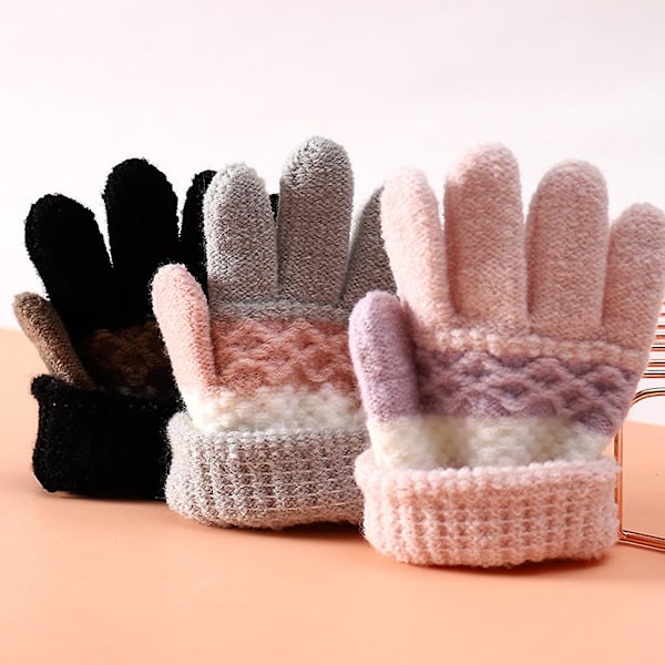 1 par barnvantar vinterhandskar stickade randiga barntåliga varma helfinger vantar Pink