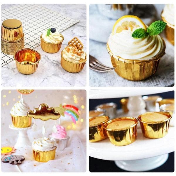150 stk. aluminiumsfolie cupcakeforme engangs muffinforme bageforme aluminium cupcake tip pande guld Gold
