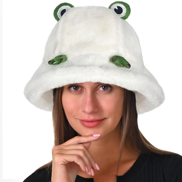 Fuzzy Bucket Hat för Kvinnor och Män - Luddig, Söt Bucket Hat för Vinter, Varm Plysch, Fiskehatt, Fluffig Sherpa, Rolig Hatt Frog-white