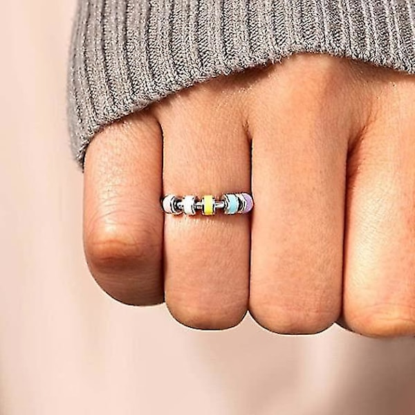 3 st Snurrande Emalj Fidgetringar För Ångest För Kvinnor, Emalj Öppen Justerbar Färgglada Pärlor Anti Ångestlindrande Ring För Barn Flickor Tonåringar