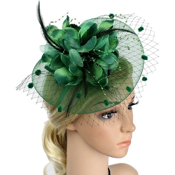 Damhatt Fascinator Pillbox Hatt Kvinna Blomma Bowler Hatt Fjäder Bröllop Cocktail Hatt Hårclips Fest Hatt Håraccessoarer med Hårslinga (Grön) green