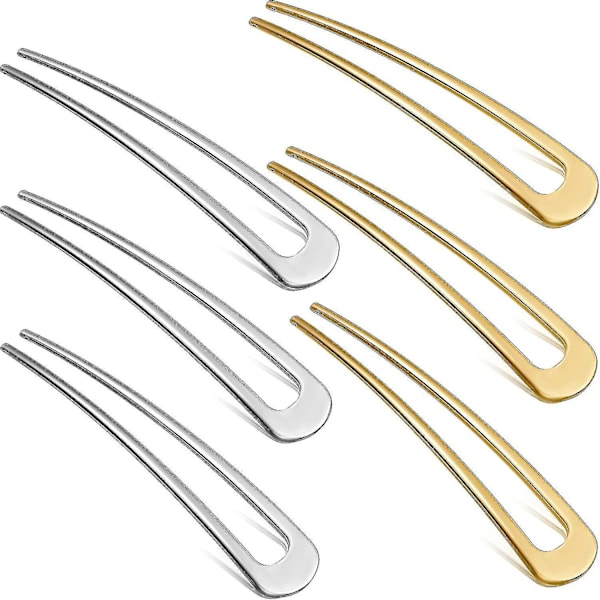 6 Pieces Metal U-shaped Hairpin Single Fork Sticks French Hairpin (gold+silver) A