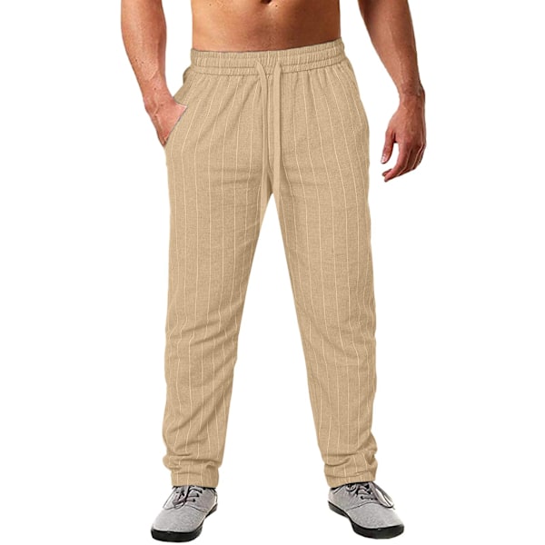 Nya Herr Vertikalrandiga Dragsko Elastisk Midja Bomull och Linne Strandbyxor Casual Byxor Khaki M