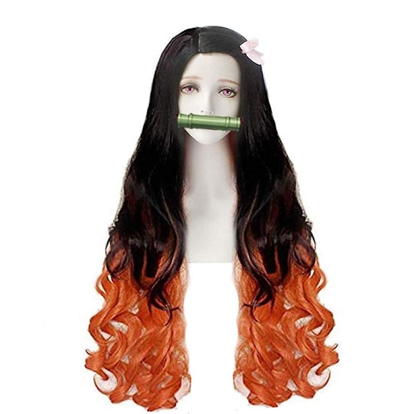 Demon Slayer Kamado Nezuko Cosplay Peruk Anime Lång Vågigt Orange Och Svart Syntetiskt Hår Peruker Halloween Fest Kostym Rekvisita