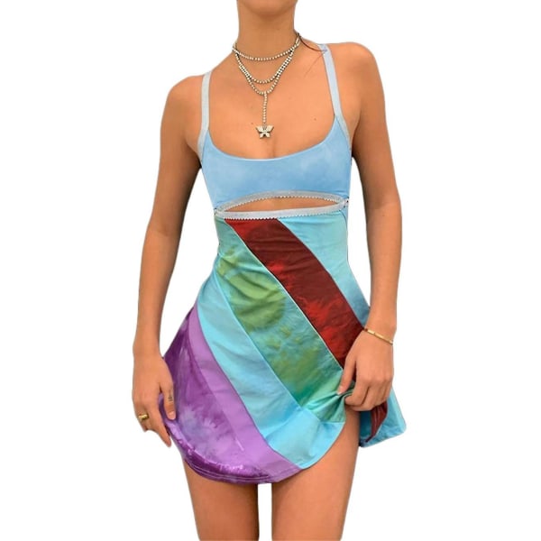 Vintage Cami Kjole Til Kvinder Retro Bodycon Mini Kjoler Mode Farverige Stribet Print Tilpasset Stropløs Kjole Fi Blue XL
