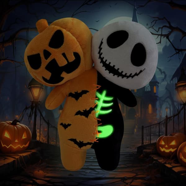 Halloween Plyslegetøj - Lysende Græskarskelet - 2 i 1 Dukker - Blød Pudepynt