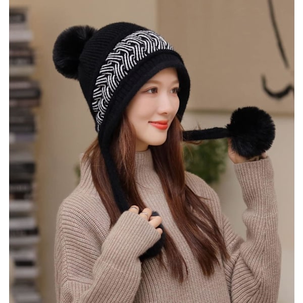 Dam vinter Peruvian öronbeklädnad Beanie Hat Öronklaffar Sherpa Skidmössa Stickad Fleecefodrad 3 Pom Black One Size