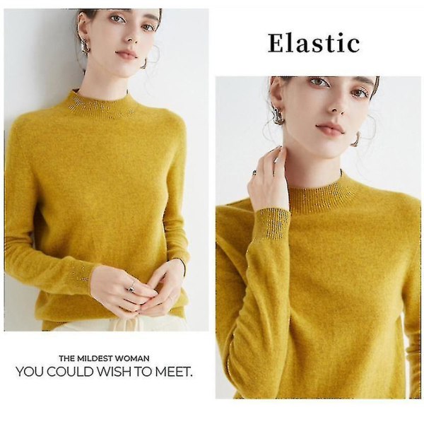 Cashmere genser for kvinner 100 % Cashmere lett, langermet strikket genser med rund hals Mustard yellow XXL