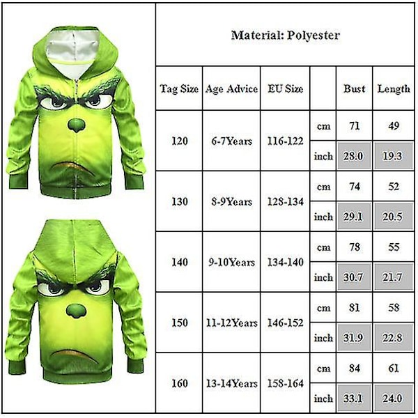 Kid Boy Coat Jacket The Grinch Hooded Zip Up Hoodie Christmas Sweatshirt Tops Green 8-9 Years