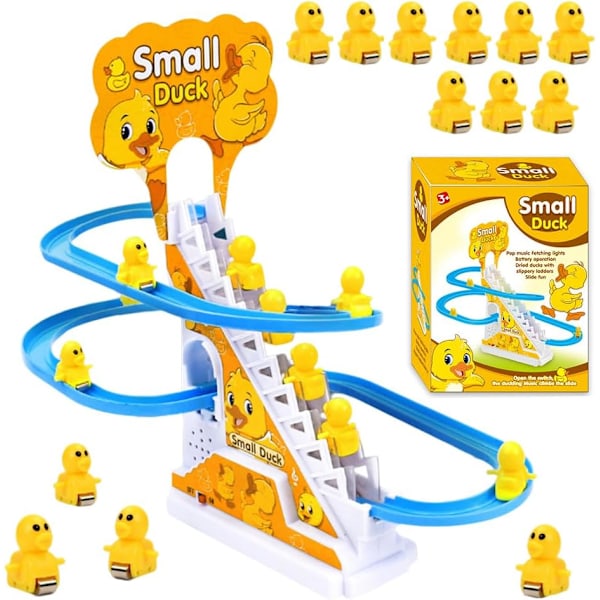 9Pcs Electric Duck Climbing Stairs Toys, Race Track Game with LED Flashing Lights/Music, Slide Roller Coaster Toys