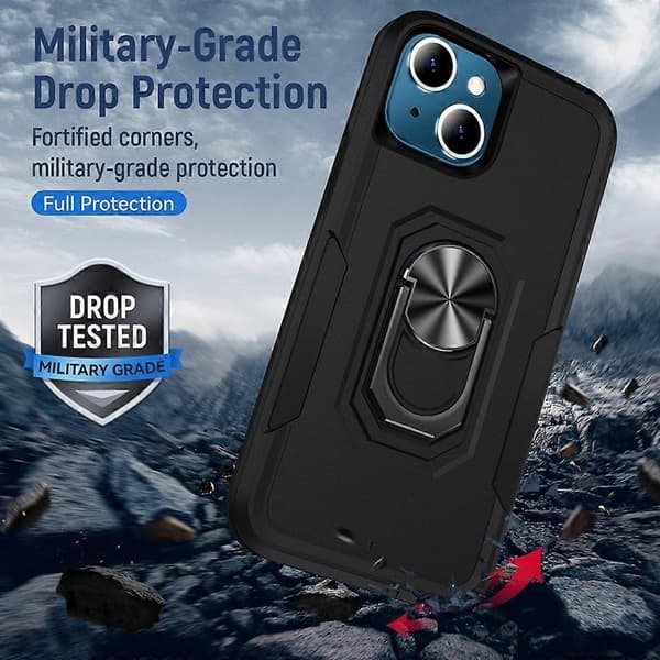 For iPhone 14 Plus Ring Stativ Kraftig Støtsikkert Telefondeksel Black