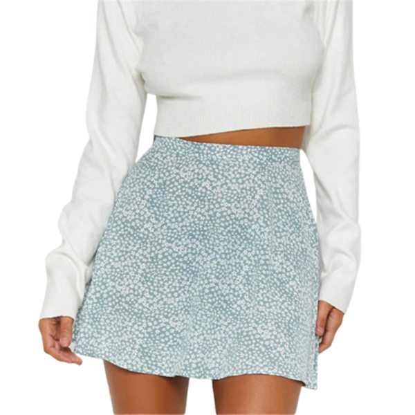 Damkjol med blommigt print Stretchigt tyg som andas, liten blommig kjol för festklubb Danskväll Blue